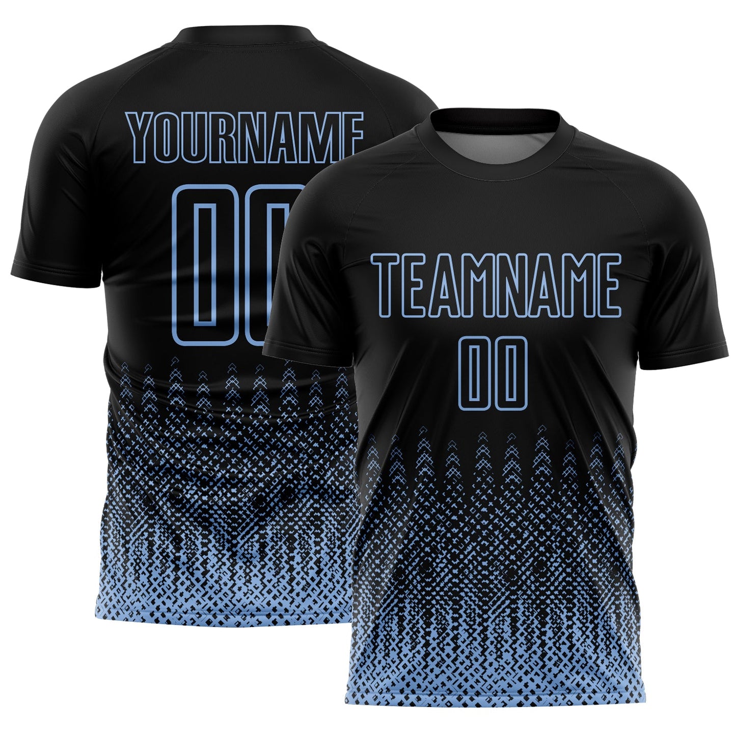 Custom Black Light Blue Geometric Shape Sublimation Soccer Uniform Jersey - Main View