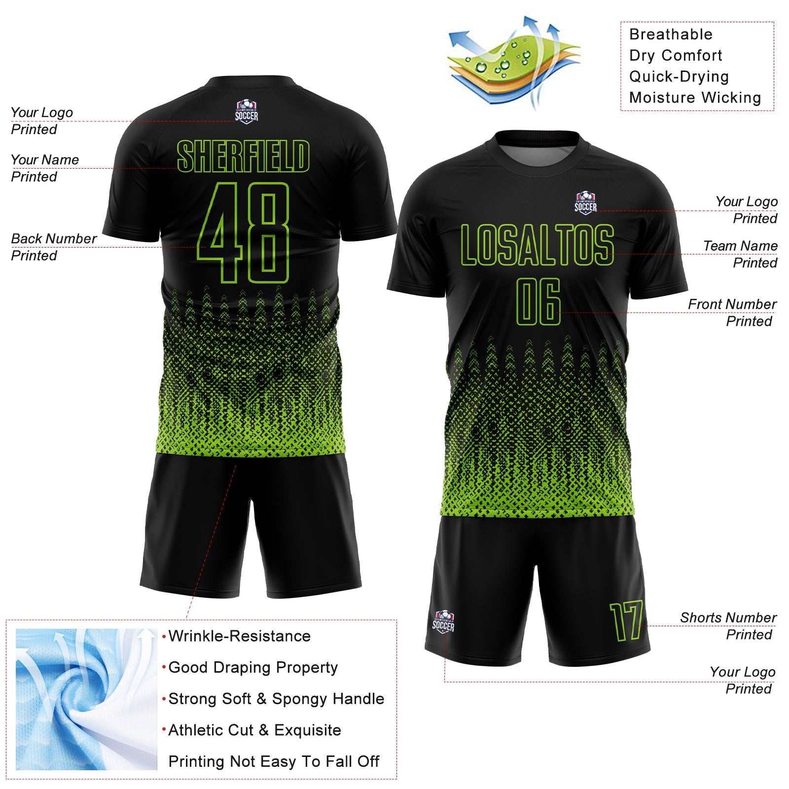 Custom Black Neon Green Geometric Shape Sublimation Soccer Uniform Jersey view 4