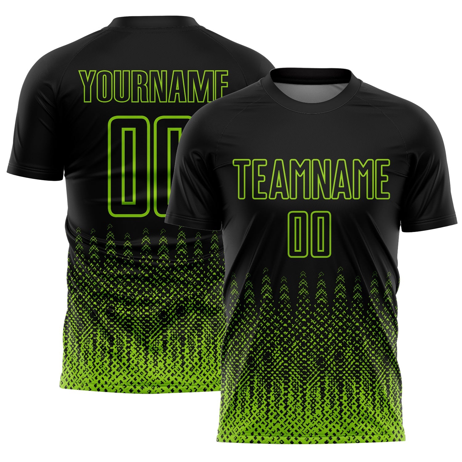 Custom Black Neon Green Geometric Shape Sublimation Soccer Uniform Jersey - Main View
