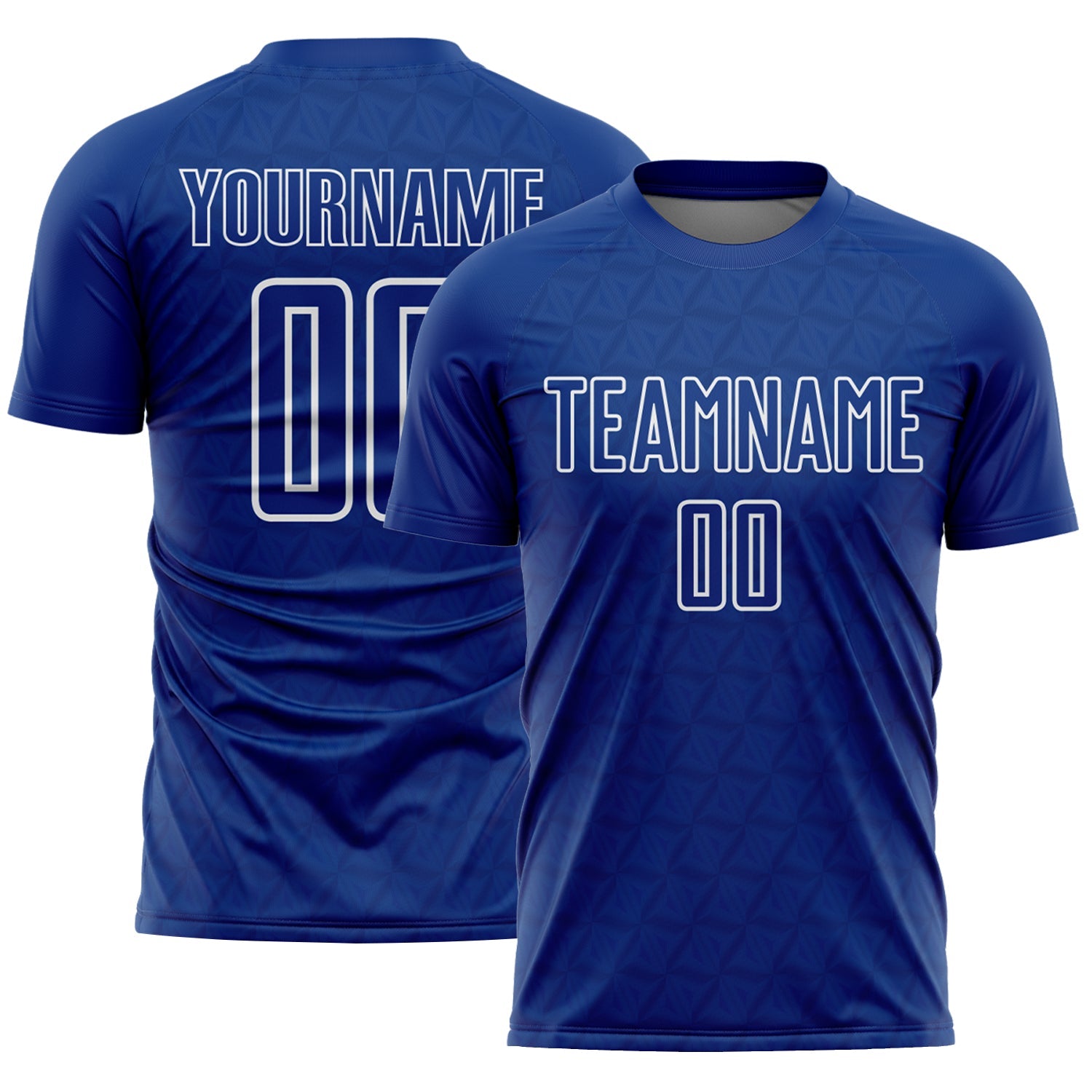 Custom Royal White Geometric Shape Sublimation Soccer Uniform Jersey - Main View