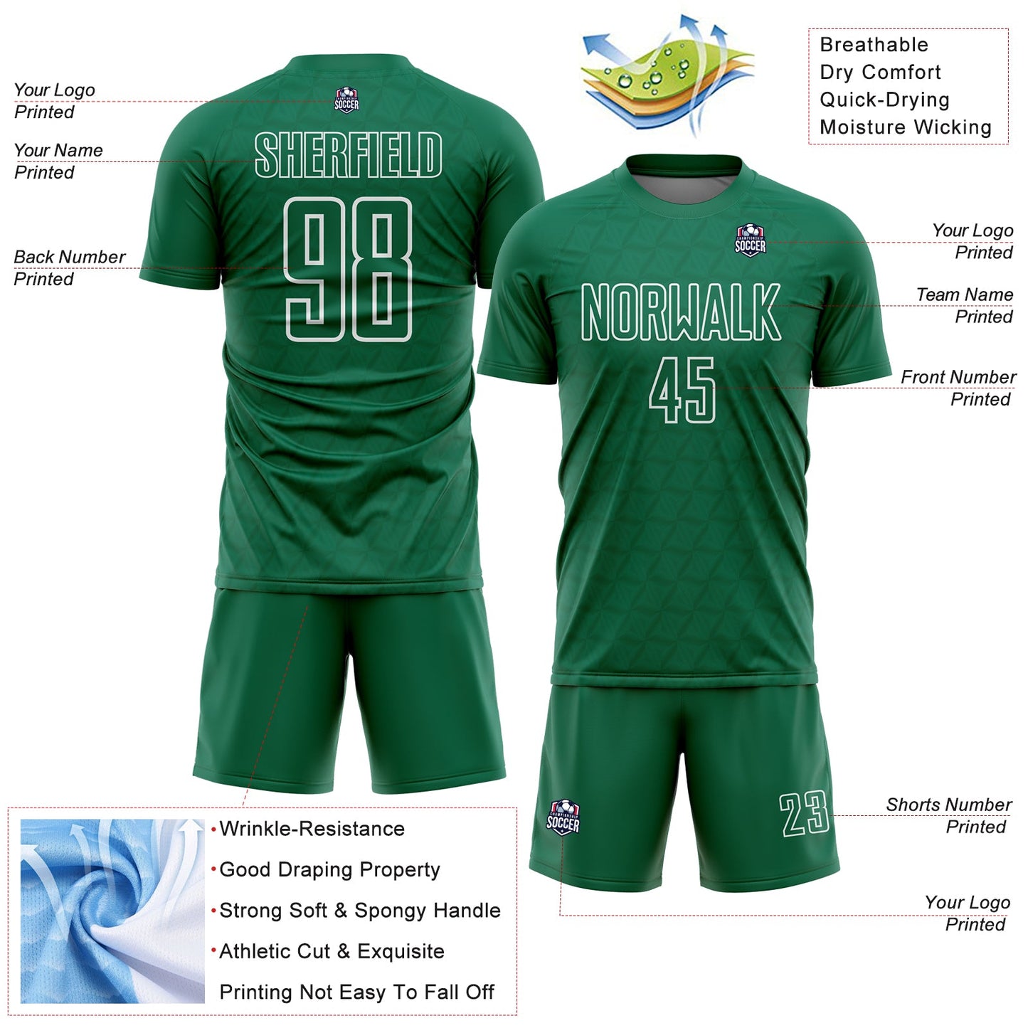 Custom Kelly Green White Geometric Shape Sublimation Soccer Uniform Jersey view 4