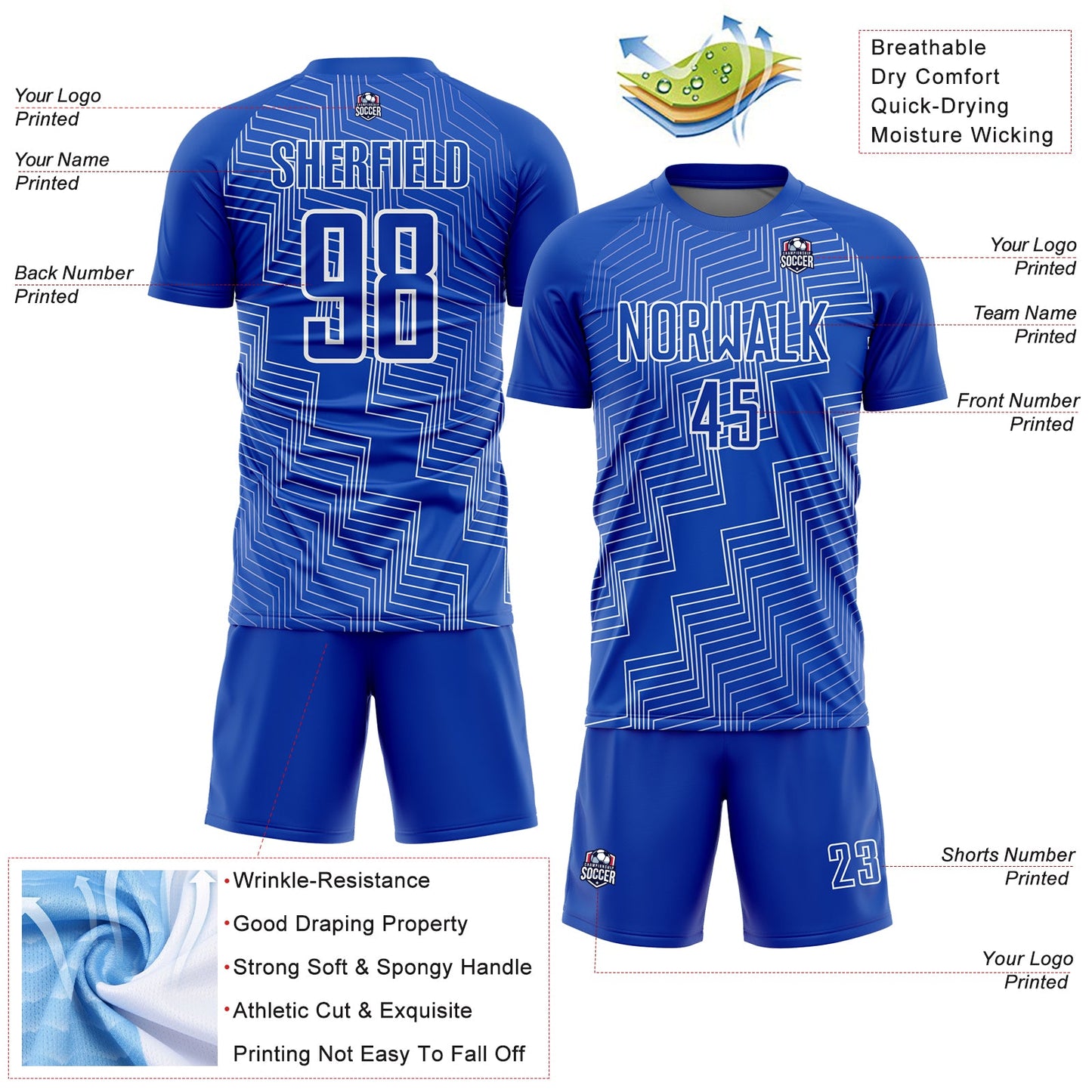 Custom Thunder Blue White Zigzag Shape Sublimation Soccer Uniform Jersey view 4