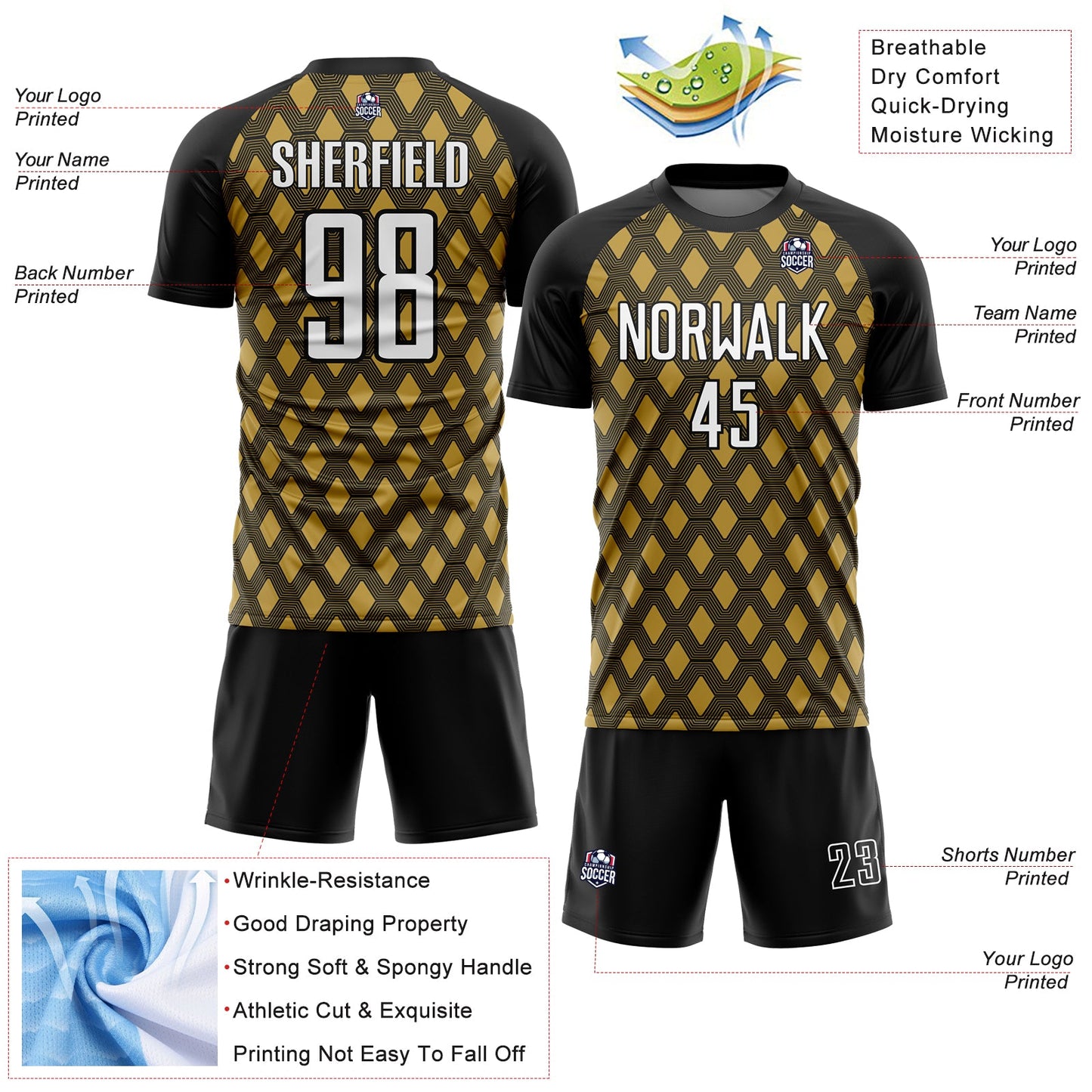 Custom Black White-Old Gold Geometric Shape Sublimation Soccer Uniform Jersey view 4