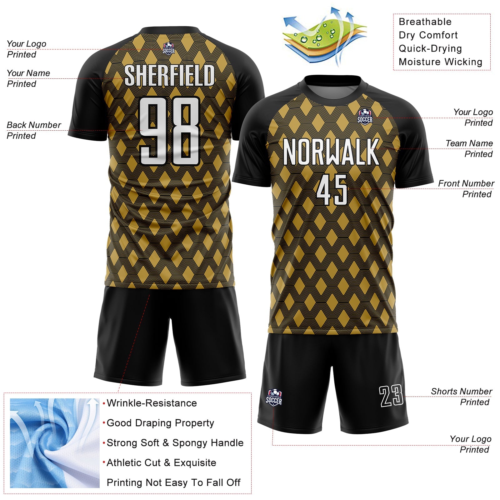 Custom Black White-Old Gold Geometric Shape Sublimation Soccer Uniform Jersey view 4