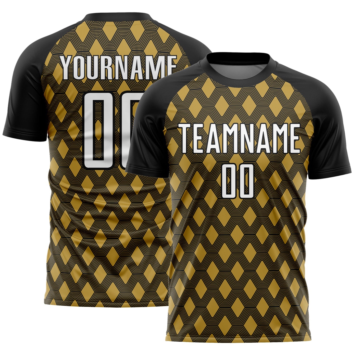 Custom Black White-Old Gold Geometric Shape Sublimation Soccer Uniform Jersey - Main View