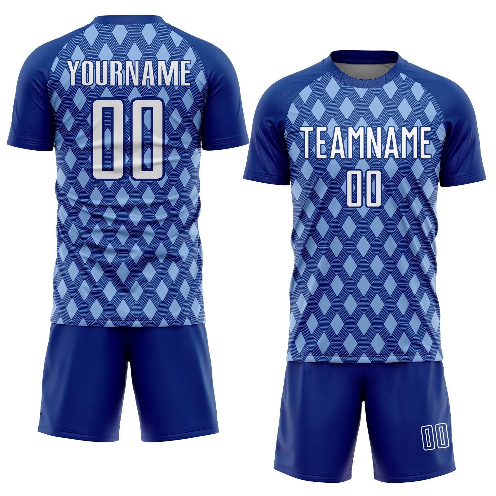 Custom Royal White-Light Blue Geometric Shape Sublimation Soccer Uniform Jersey view 2