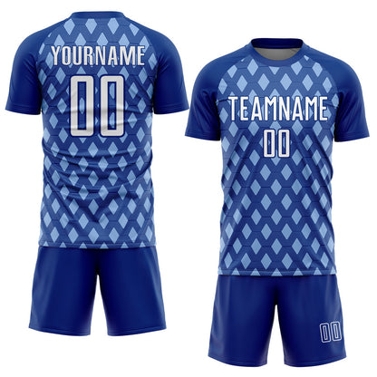 Custom Royal White-Light Blue Geometric Shape Sublimation Soccer Uniform Jersey view 2