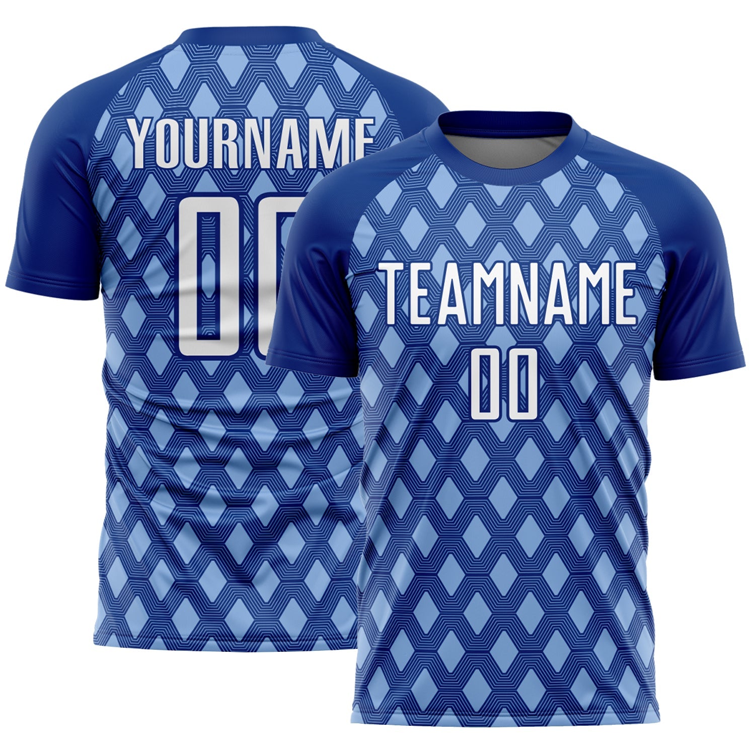 Custom Royal White-Light Blue Geometric Shape Sublimation Soccer Uniform Jersey - Main View