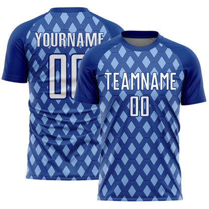Custom Royal White-Light Blue Geometric Shape Sublimation Soccer Uniform Jersey - Main View