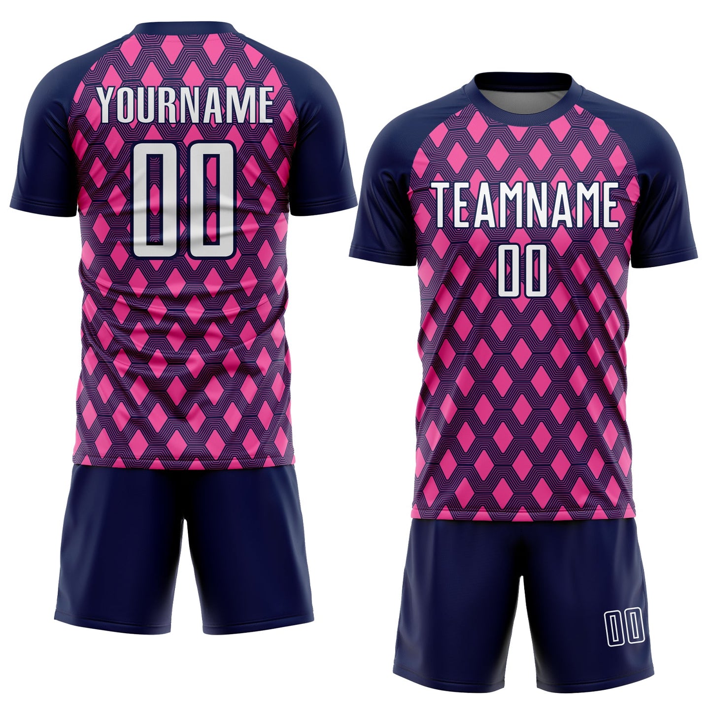 Custom Navy White-Pink Geometric Shape Sublimation Soccer Uniform Jersey view 2