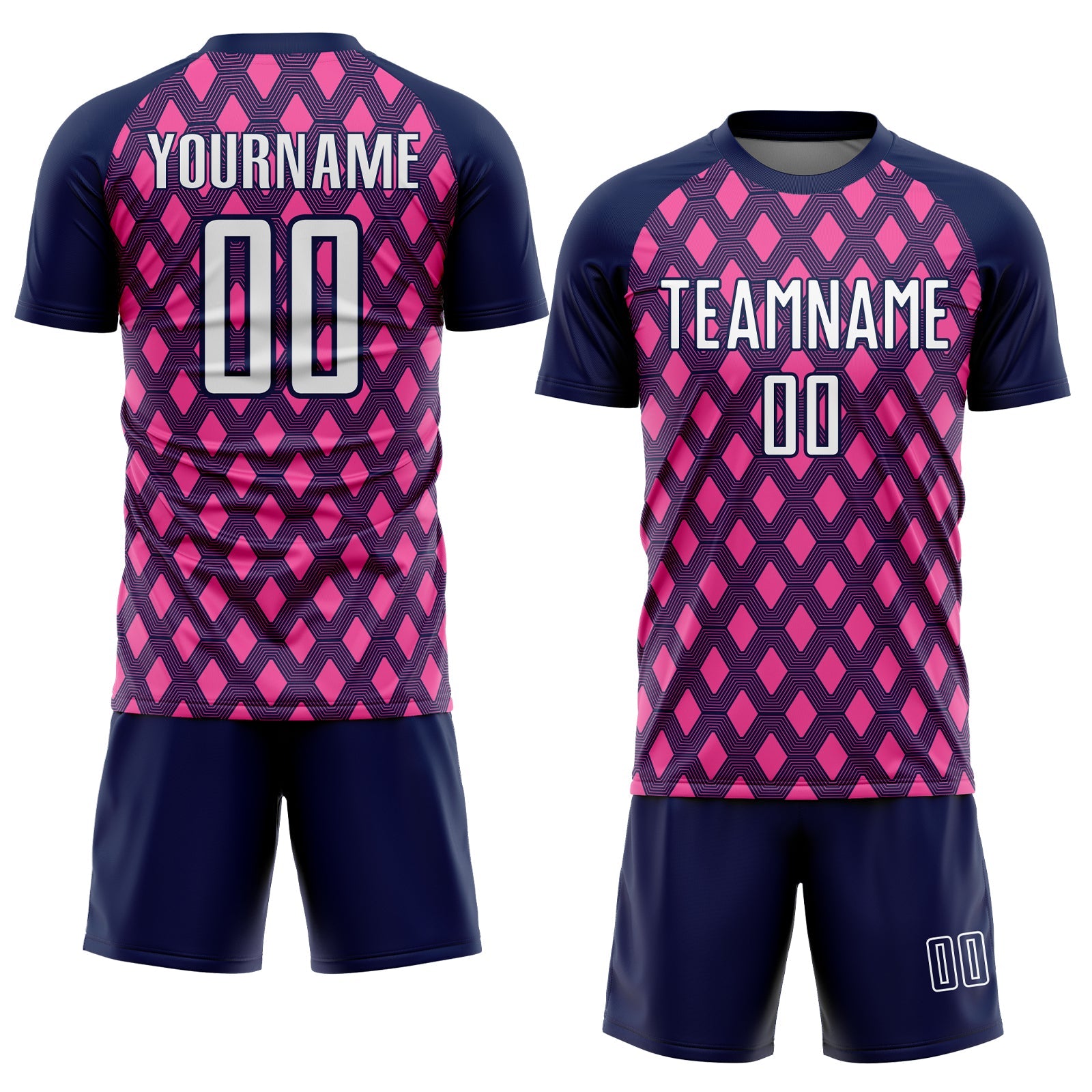 Custom Navy White-Pink Geometric Shape Sublimation Soccer Uniform Jersey view 2