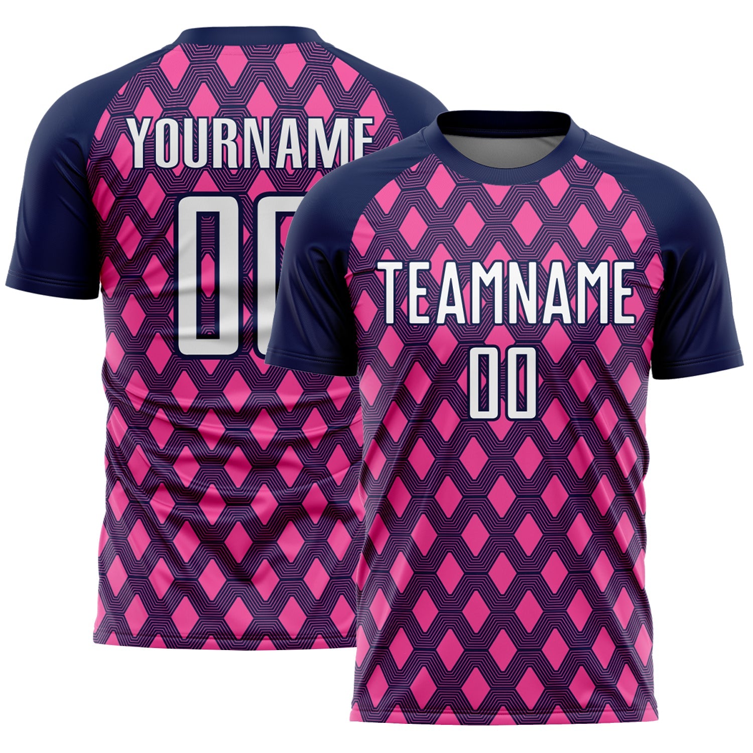 Custom Navy White-Pink Geometric Shape Sublimation Soccer Uniform Jersey - Main View