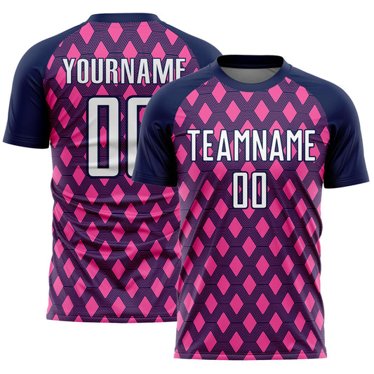 Custom Navy White-Pink Geometric Shape Sublimation Soccer Uniform Jersey - Main View