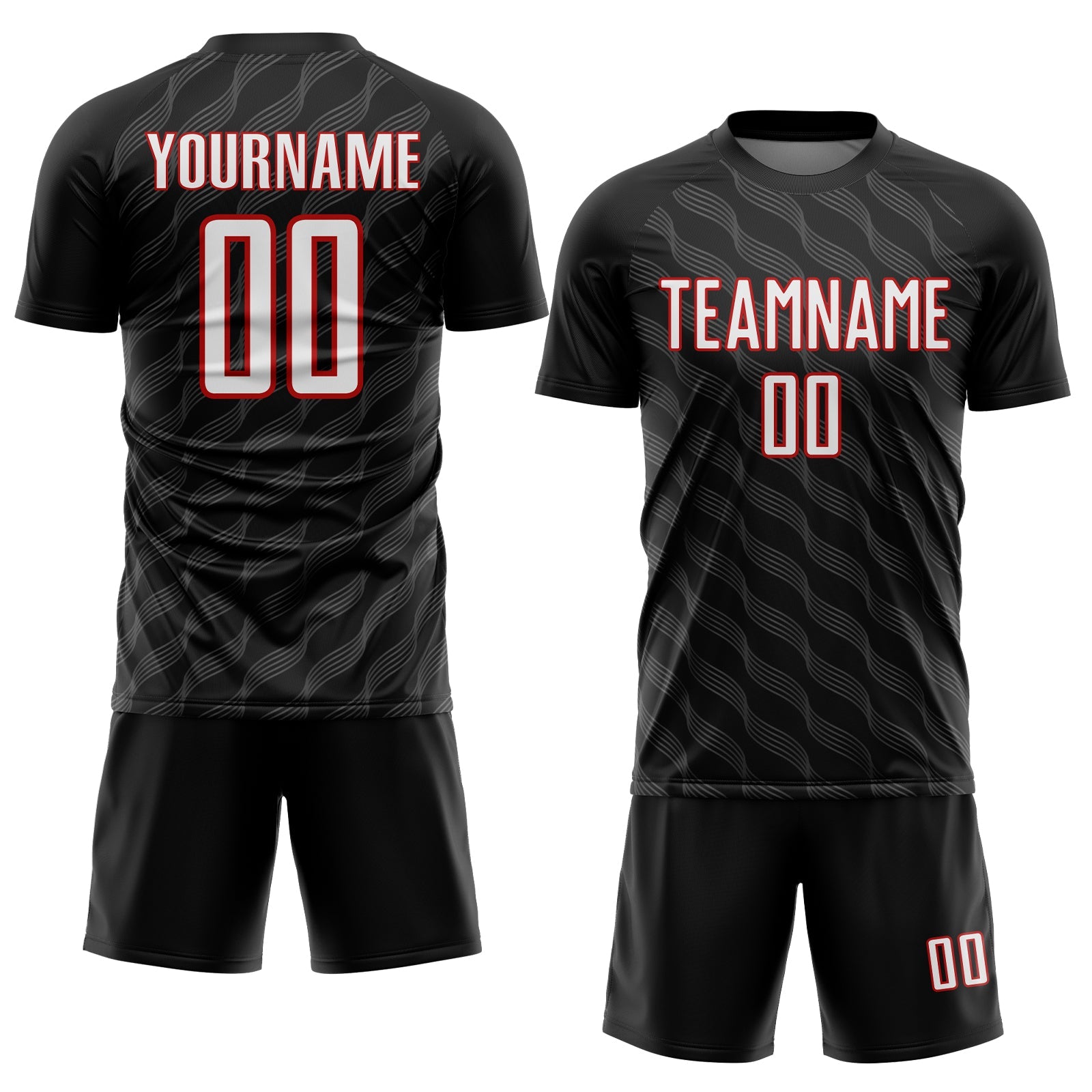 Custom Black White-Red Waves Shape Sublimation Soccer Uniform Jersey view 2