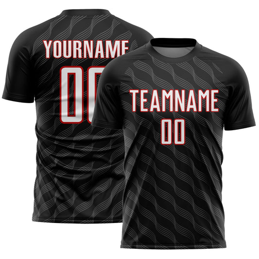 Custom Black White-Red Waves Shape Sublimation Soccer Uniform Jersey - Main View