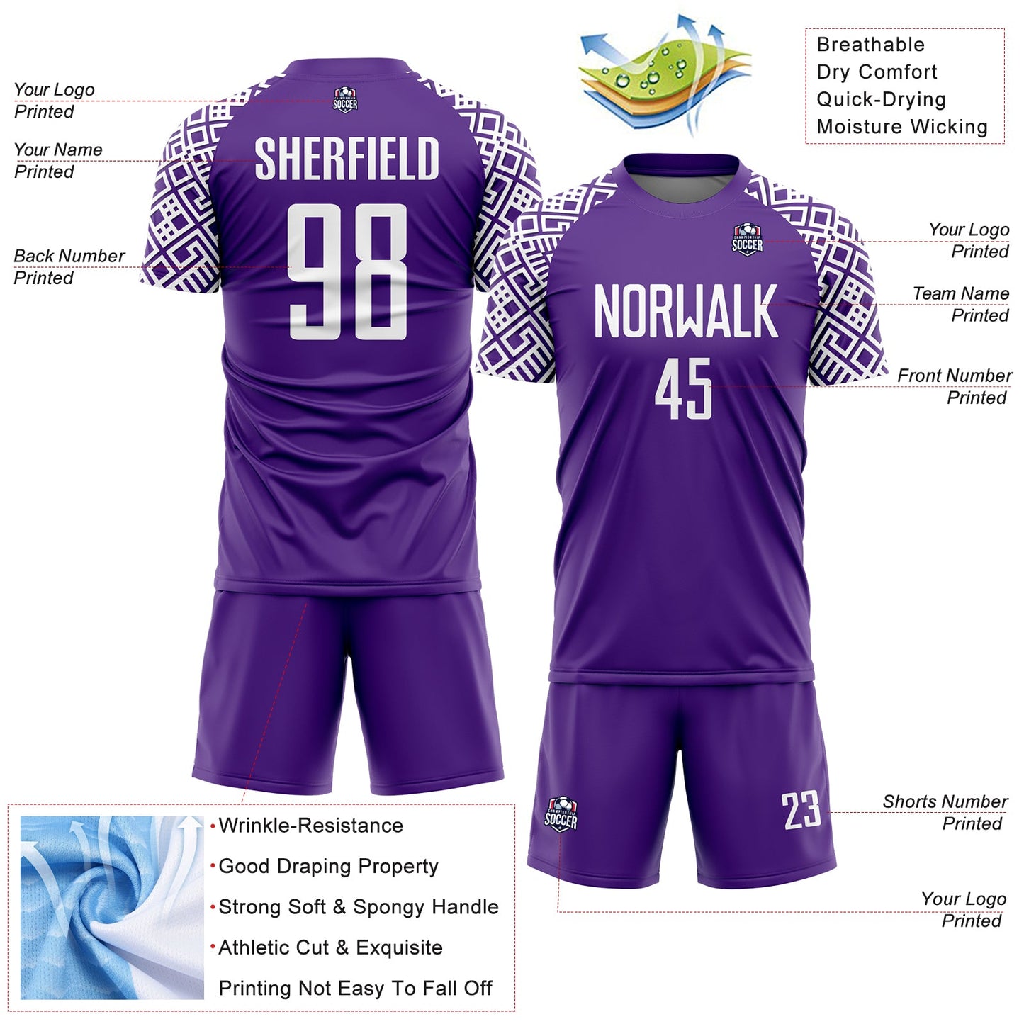 Custom Purple White Geometric Shape Sublimation Soccer Uniform Jersey view 4