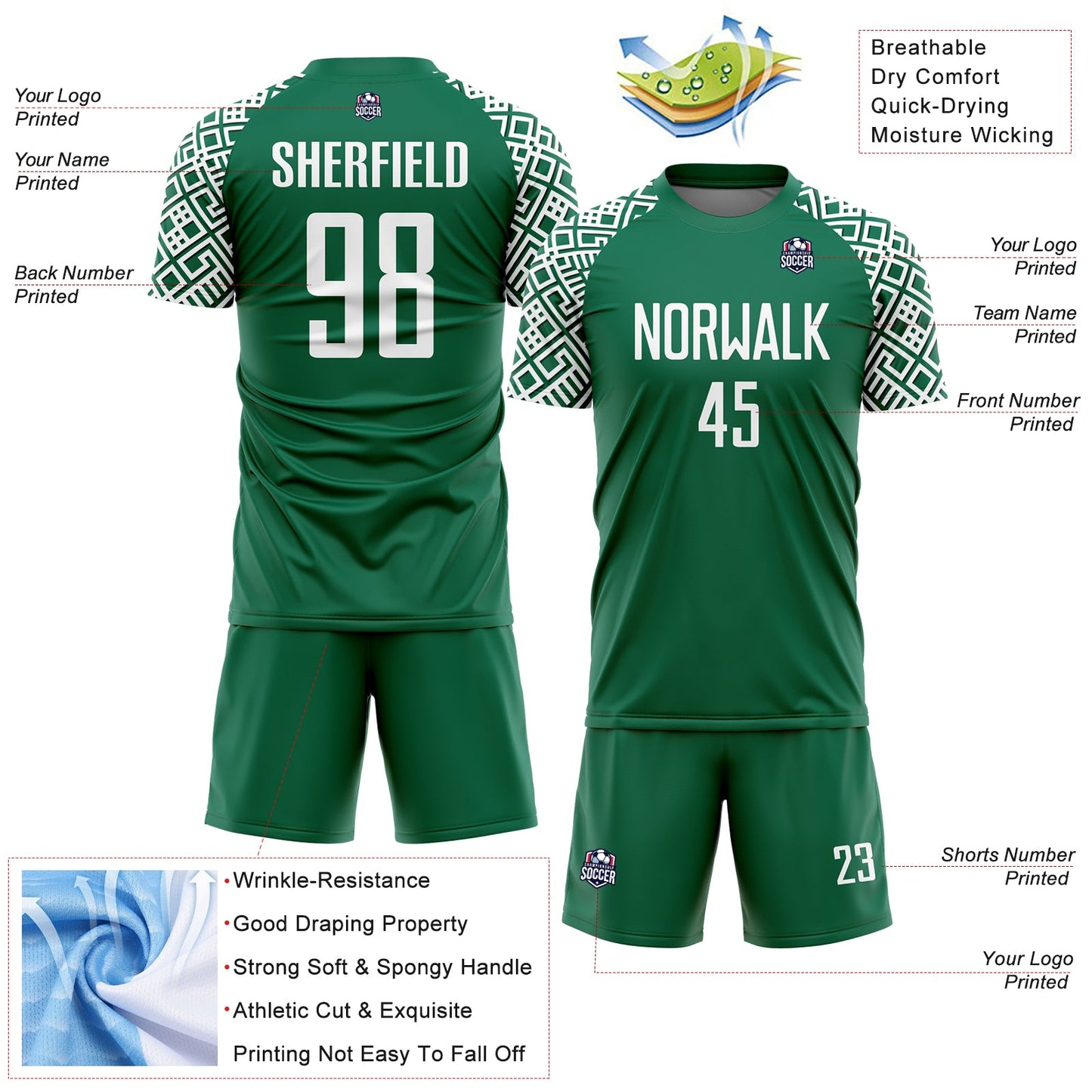 Custom Kelly Green White Geometric Shape Sublimation Soccer Uniform Jersey view 4