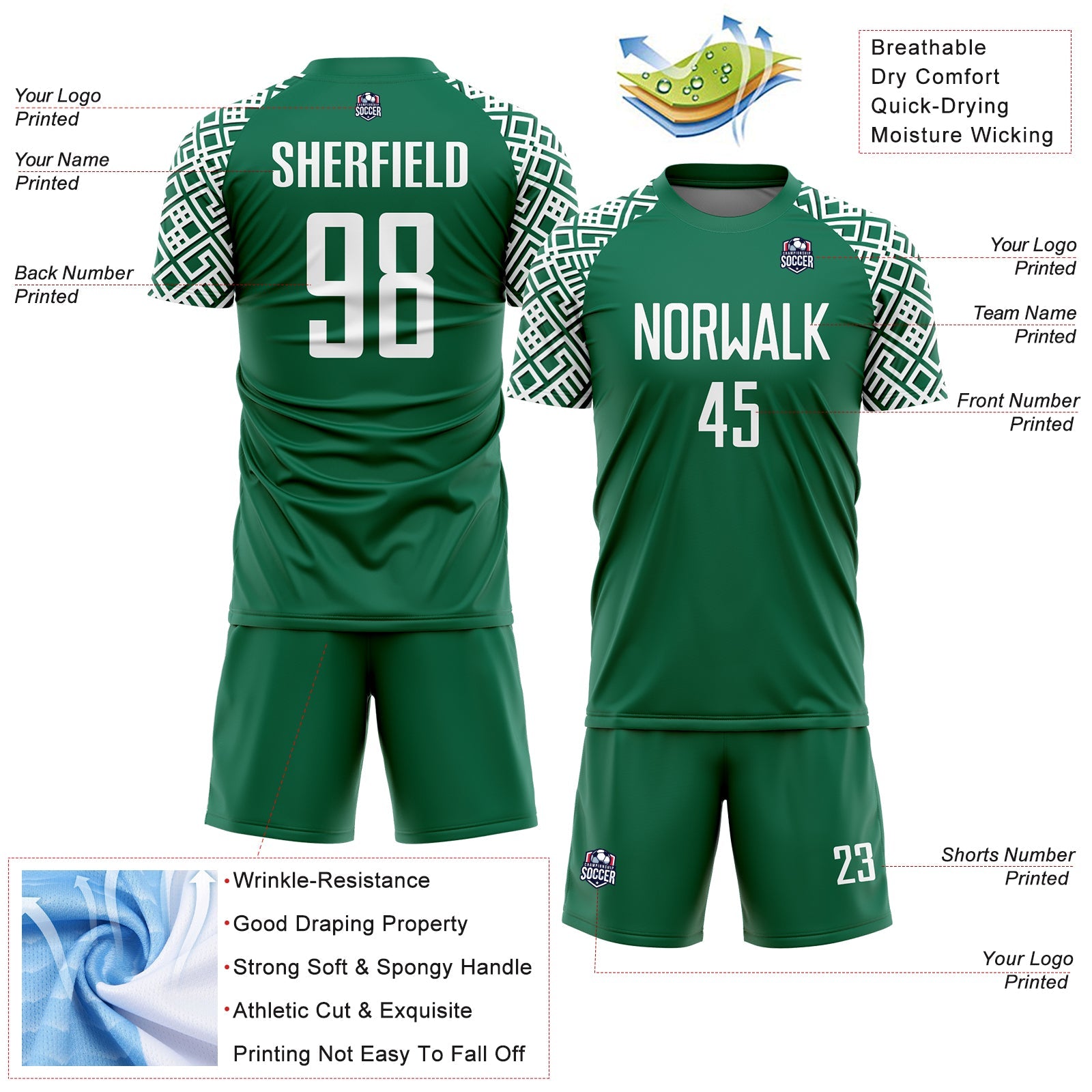 Custom Kelly Green White Geometric Shape Sublimation Soccer Uniform Jersey view 4