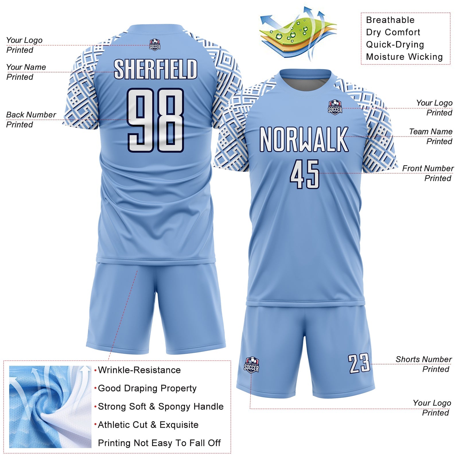 Custom Light Blue White-Navy Geometric Shape Sublimation Soccer Uniform Jersey view 4