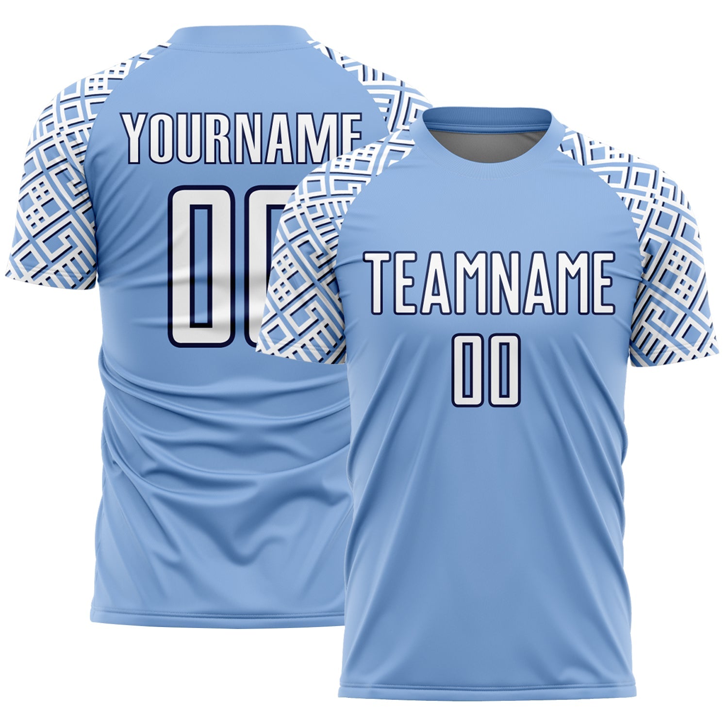 Custom Light Blue White-Navy Geometric Shape Sublimation Soccer Uniform Jersey - Main View