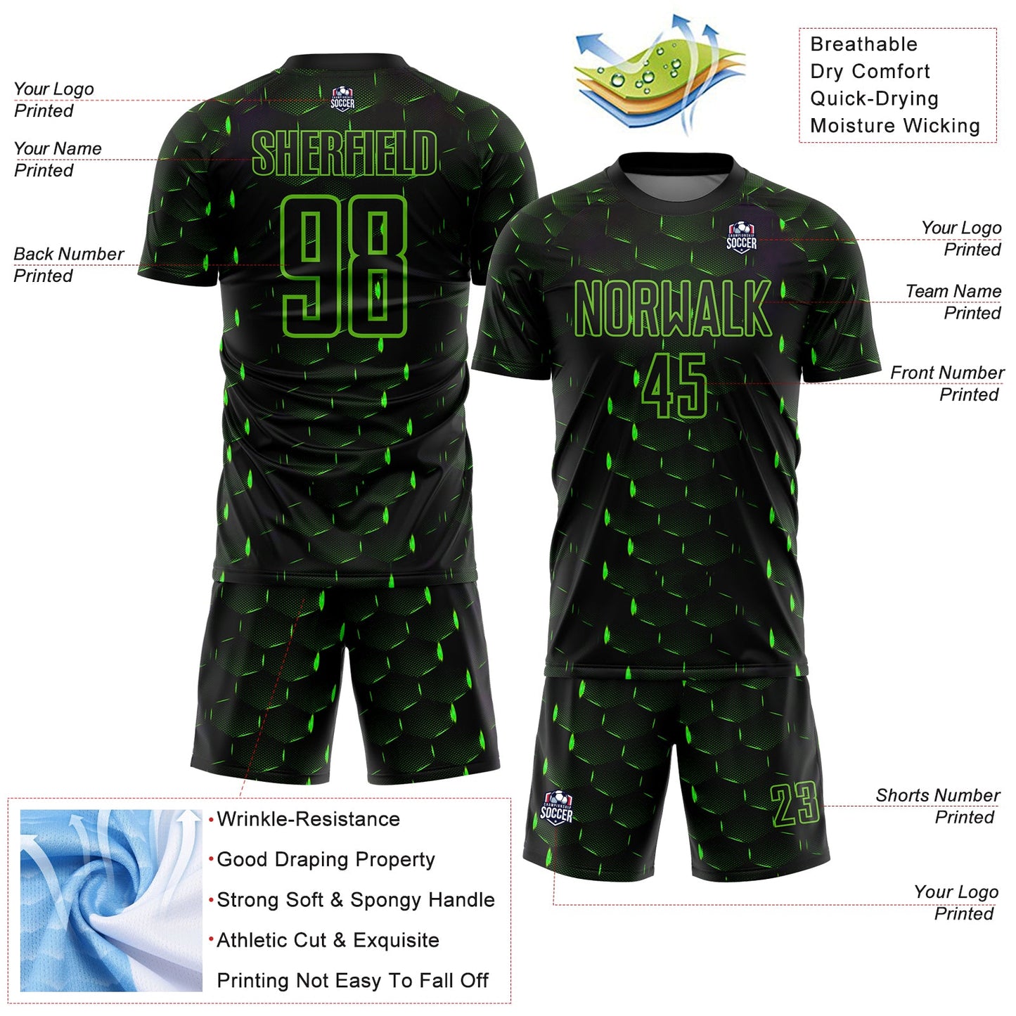 Custom Black Aurora Green Geometric Shape Sublimation Soccer Uniform Jersey view 4
