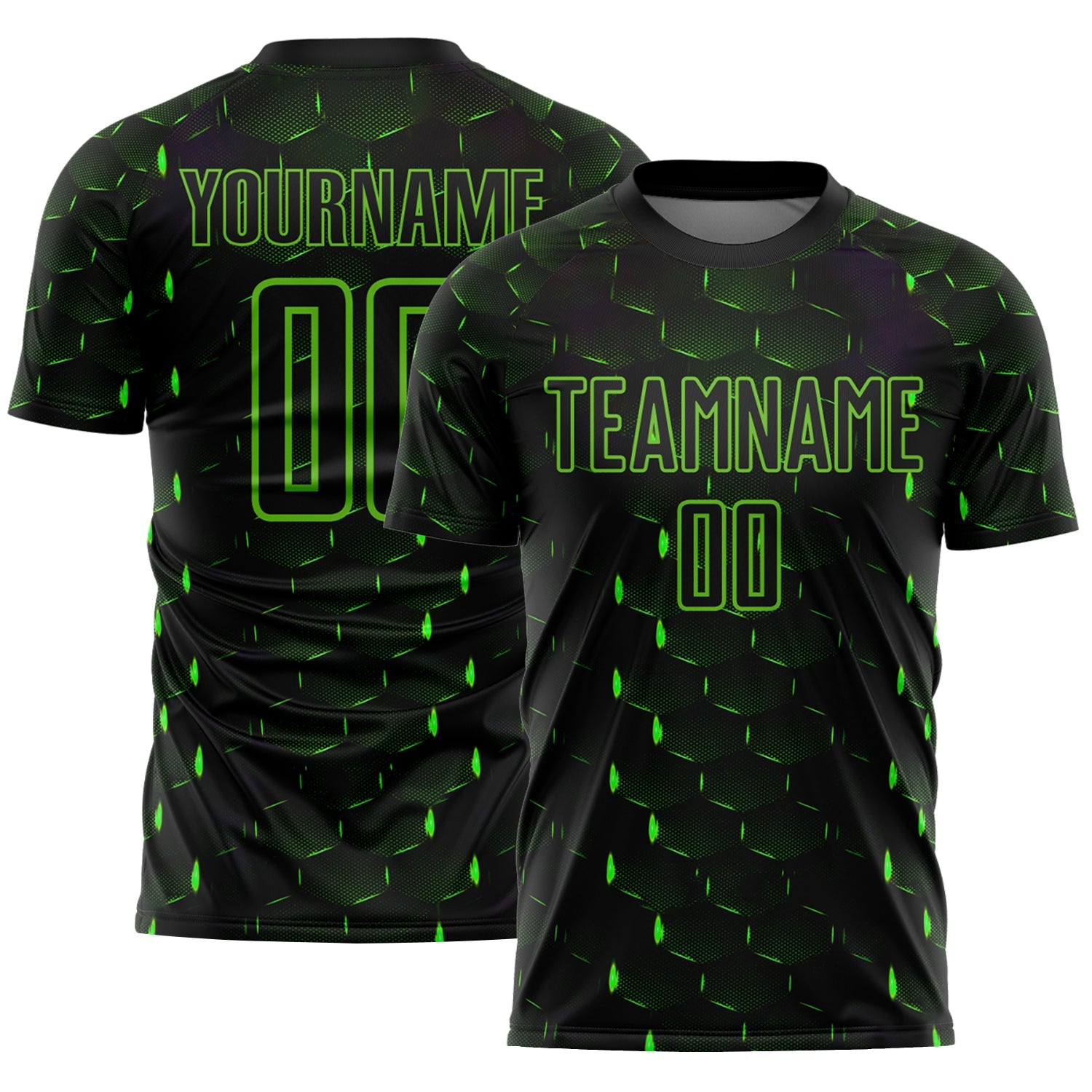 Custom Black Aurora Green Geometric Shape Sublimation Soccer Uniform Jersey - Main View