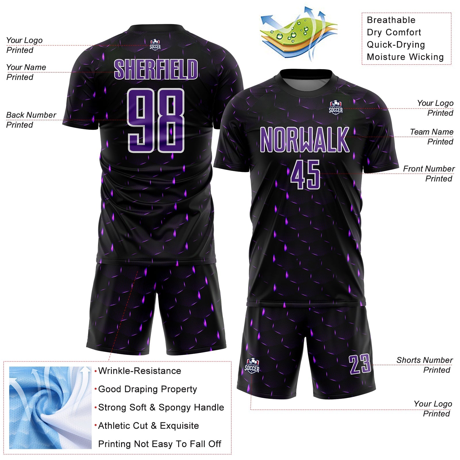 Custom Black Purple-White Geometric Shape Sublimation Soccer Uniform Jersey view 4