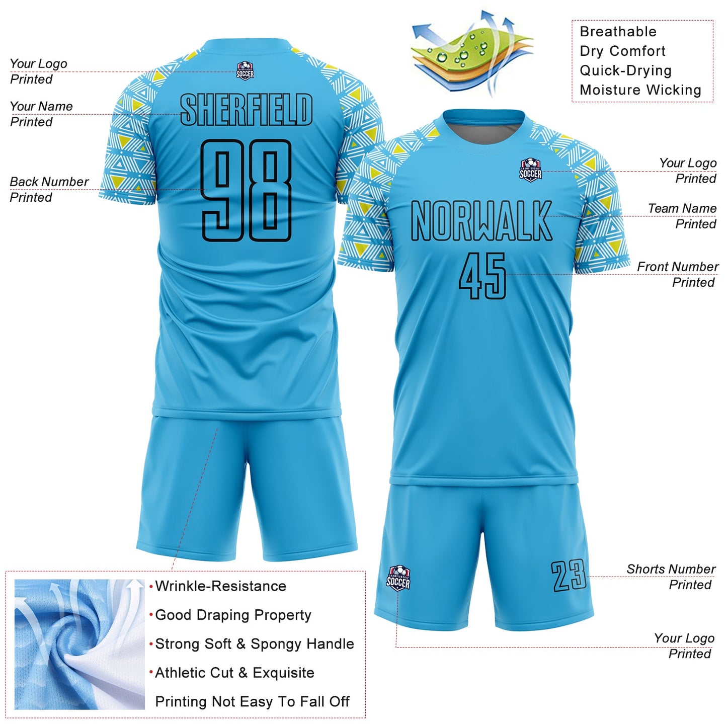 Custom Sky Blue Black Geometric Shape Sublimation Soccer Uniform Jersey view 4