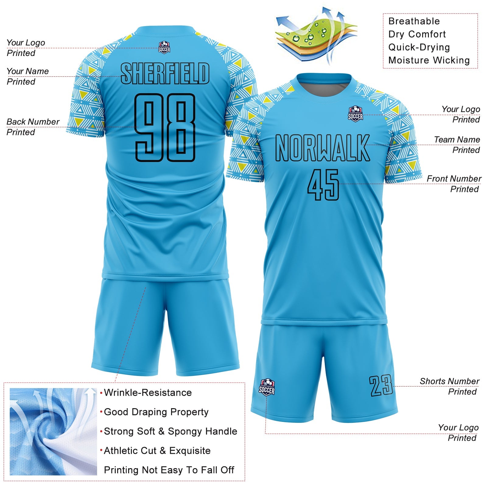 Custom Sky Blue Black Geometric Shape Sublimation Soccer Uniform Jersey view 4