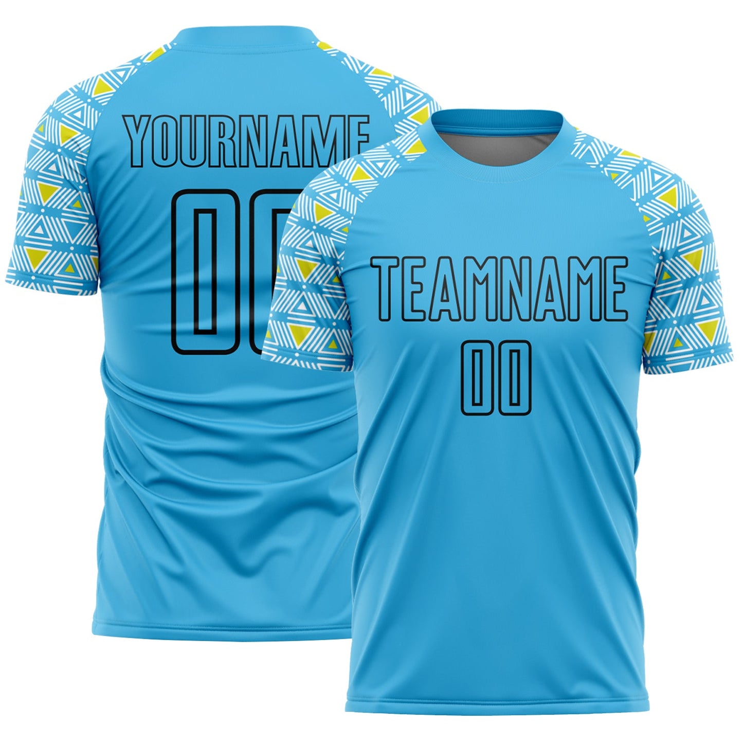 Custom Sky Blue Black Geometric Shape Sublimation Soccer Uniform Jersey - Main View