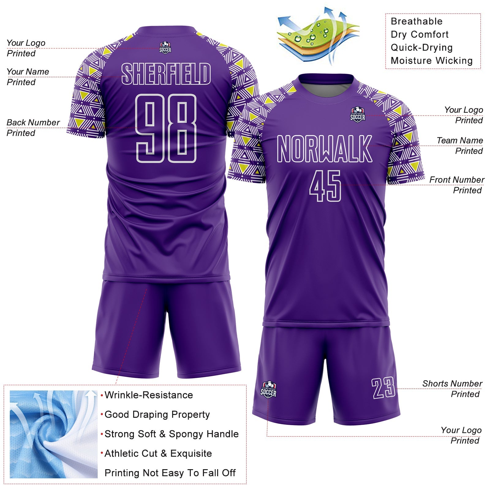 Custom Purple White Geometric Shape Sublimation Soccer Uniform Jersey view 4