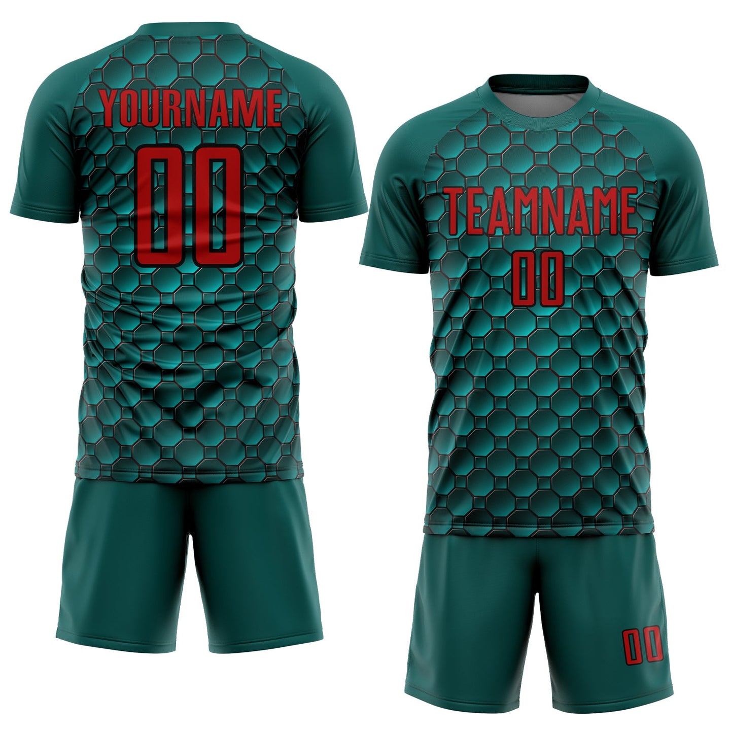Custom Midnight Green Red-Black Geometric Shape Sublimation Soccer Uniform Jersey view 2