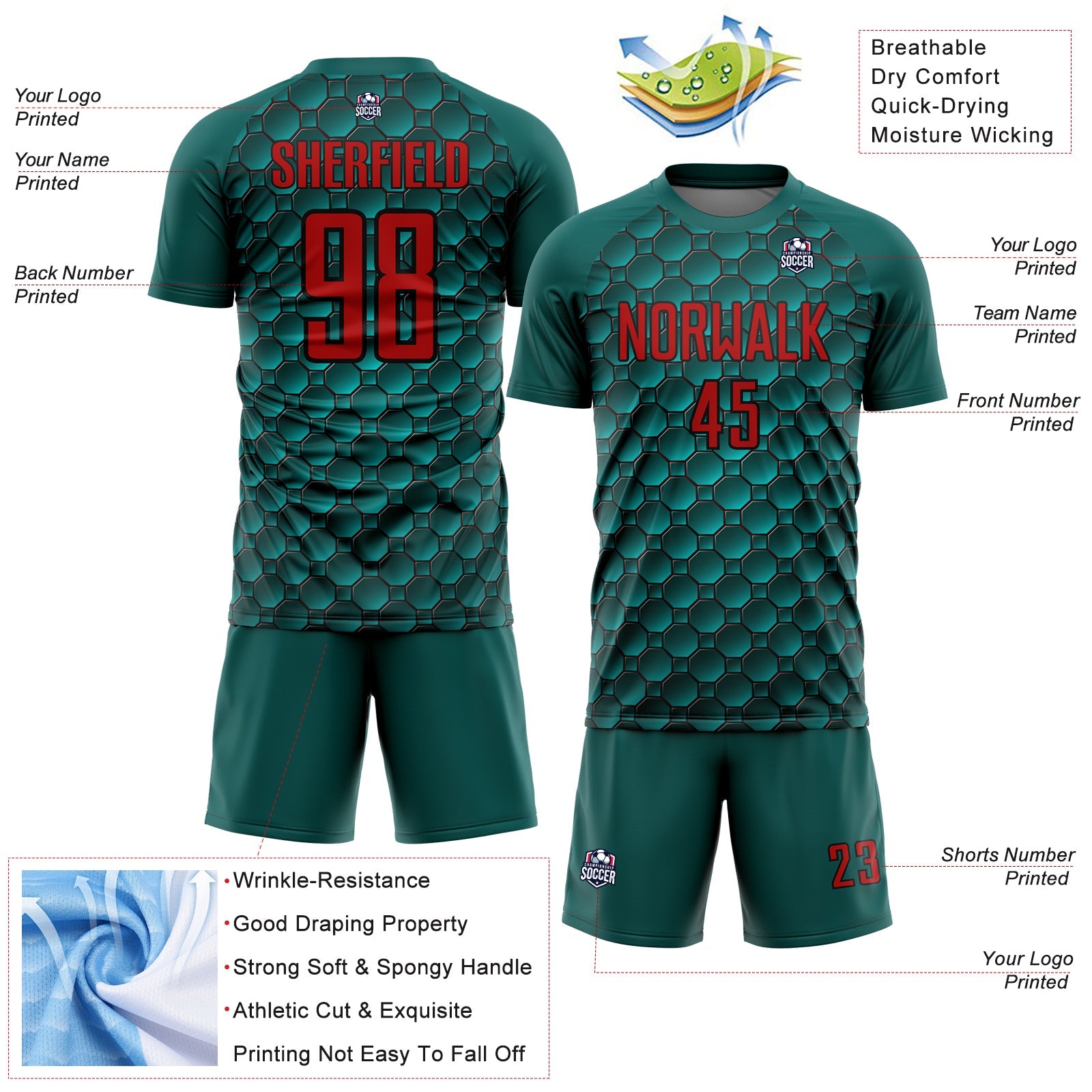 Custom Midnight Green Red-Black Geometric Shape Sublimation Soccer Uniform Jersey view 4
