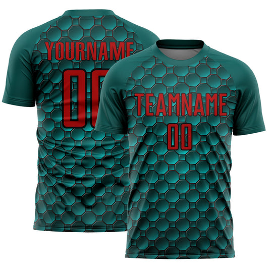 Custom Midnight Green Red-Black Geometric Shape Sublimation Soccer Uniform Jersey - Main View