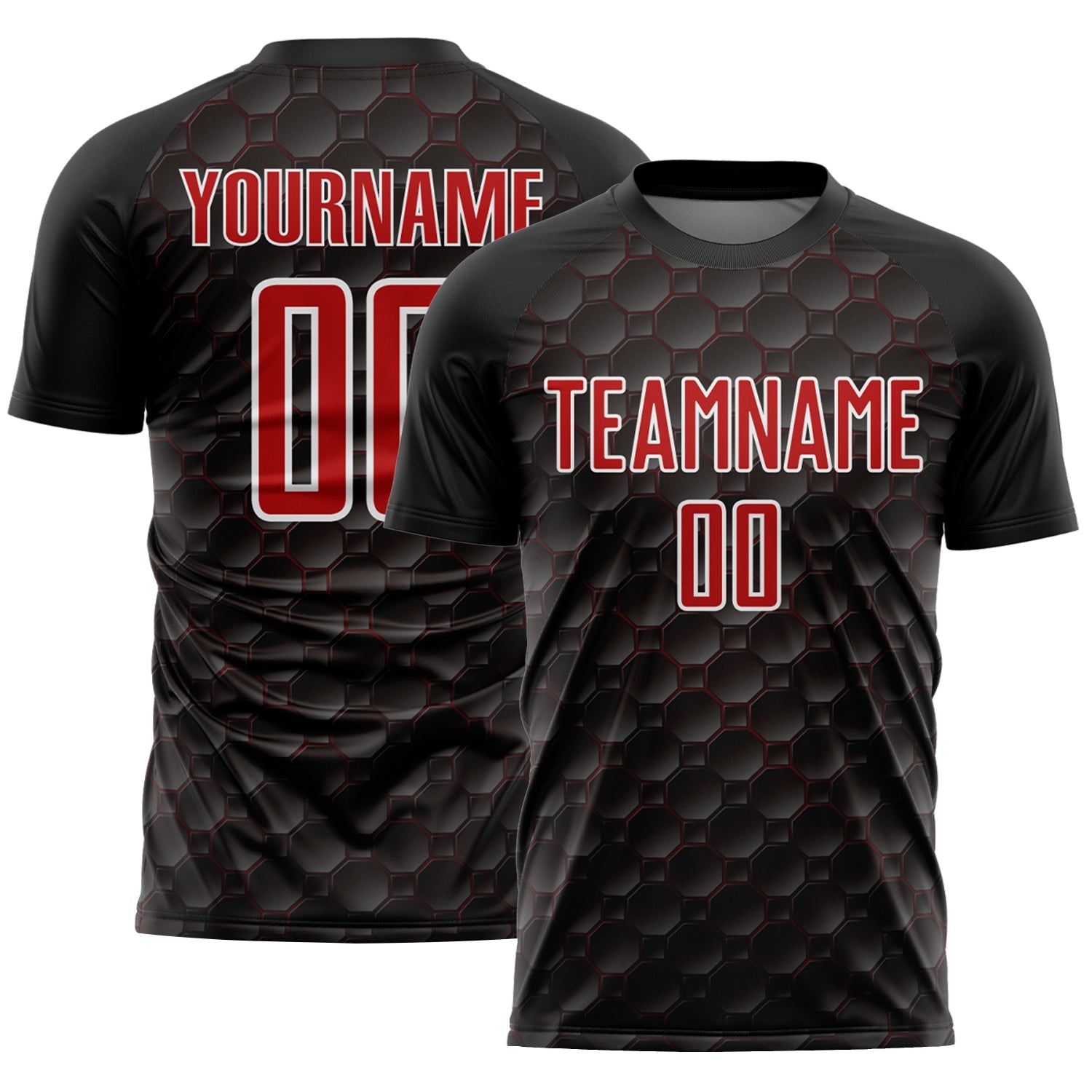 Custom Black Red-White Geometric Shape Sublimation Soccer Uniform Jersey - Main View