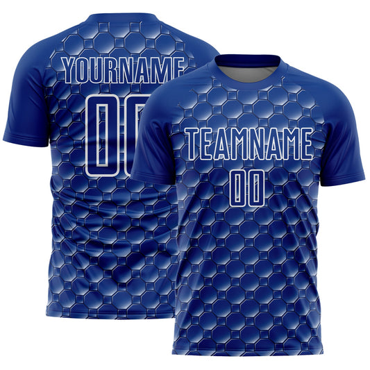 Custom Royal White Geometric Shape Sublimation Soccer Uniform Jersey - Main View