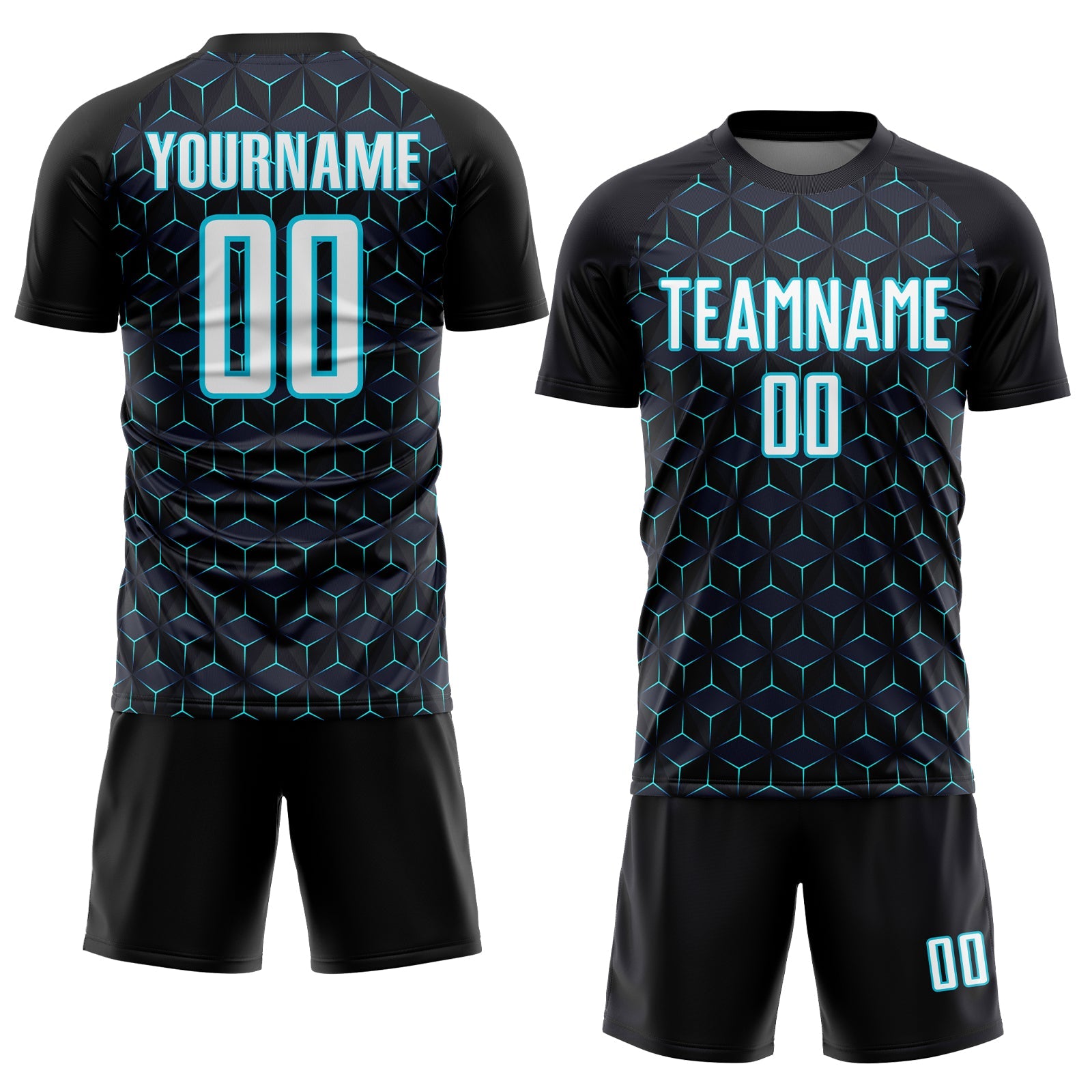 Custom Black White-Lakes Blue Geometric Shape Sublimation Soccer Uniform Jersey view 2