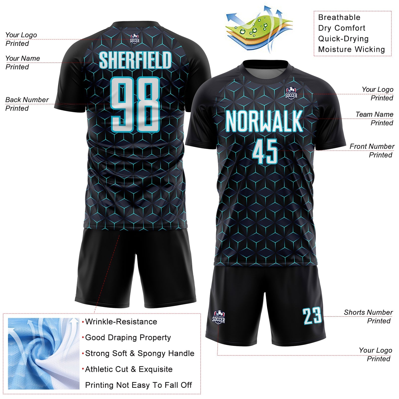 Custom Black White-Lakes Blue Geometric Shape Sublimation Soccer Uniform Jersey view 4