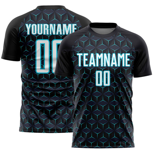 Custom Black White-Lakes Blue Geometric Shape Sublimation Soccer Uniform Jersey - Main View