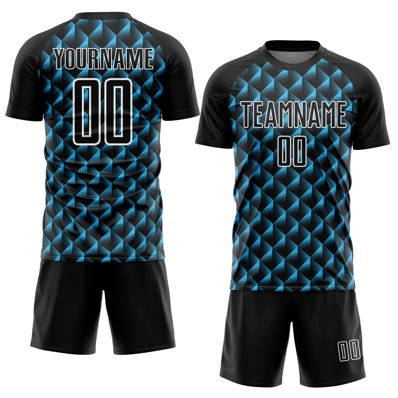Custom Black Sky Blue-White Geometric Shape Sublimation Soccer Uniform Jersey view 2
