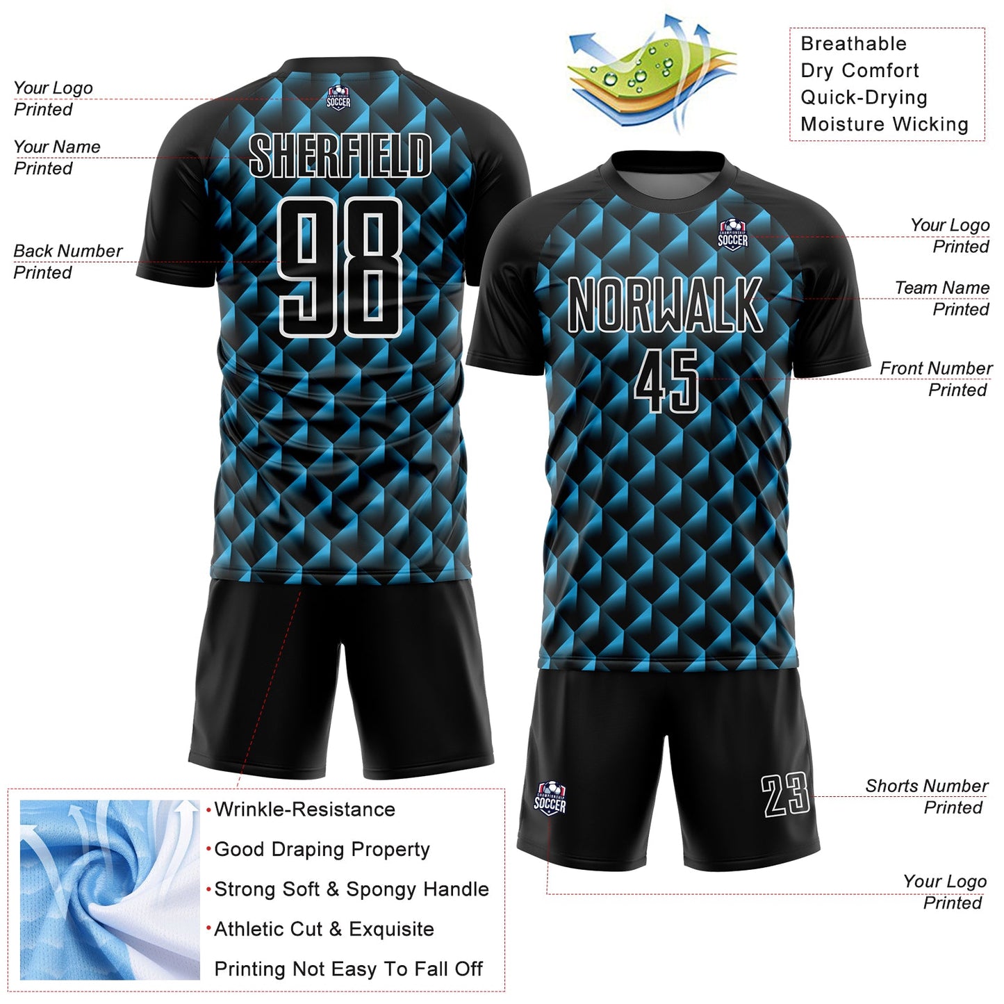 Custom Black Sky Blue-White Geometric Shape Sublimation Soccer Uniform Jersey view 4