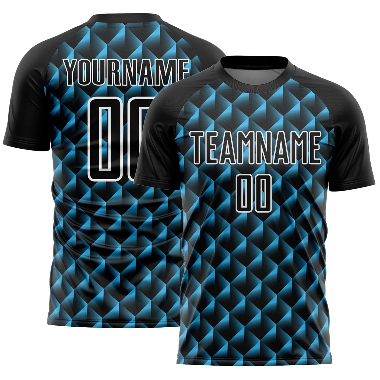 Custom Black Sky Blue-White Geometric Shape Sublimation Soccer Uniform Jersey - Main View