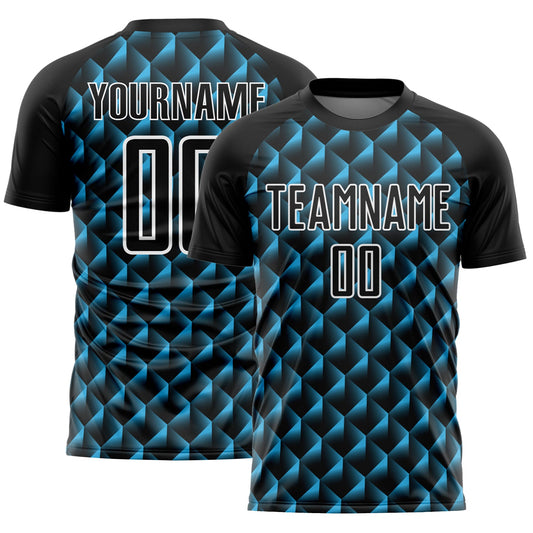 Custom Black Sky Blue-White Geometric Shape Sublimation Soccer Uniform Jersey - Main View