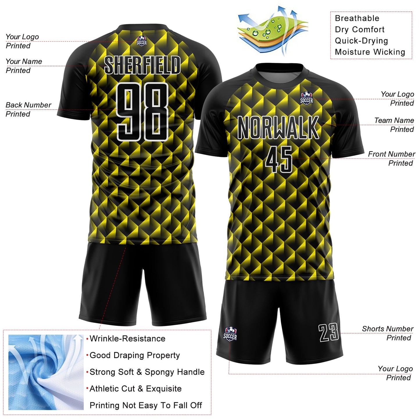 Custom Black Light Yellow-White Geometric Shape Sublimation Soccer Uniform Jersey view 4