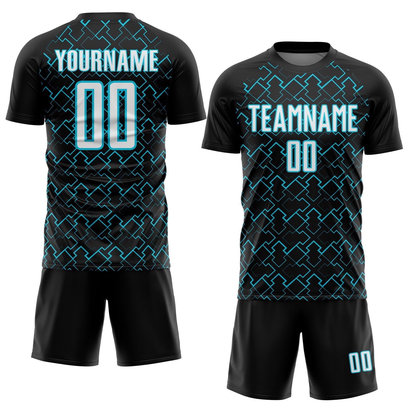 Custom Black White-Lakes Blue Geometric Shape Sublimation Soccer Uniform Jersey view 2