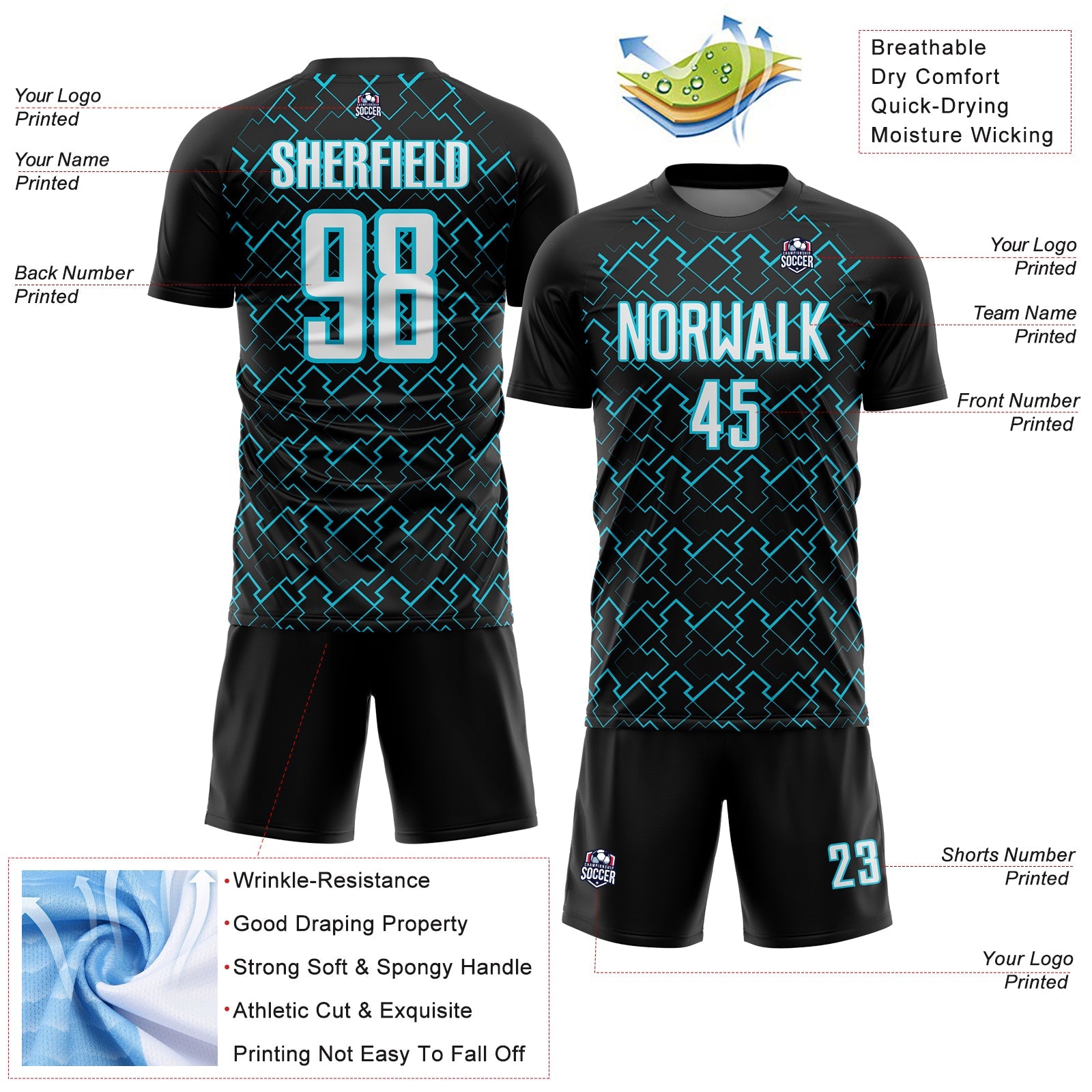Custom Black White-Lakes Blue Geometric Shape Sublimation Soccer Uniform Jersey view 4
