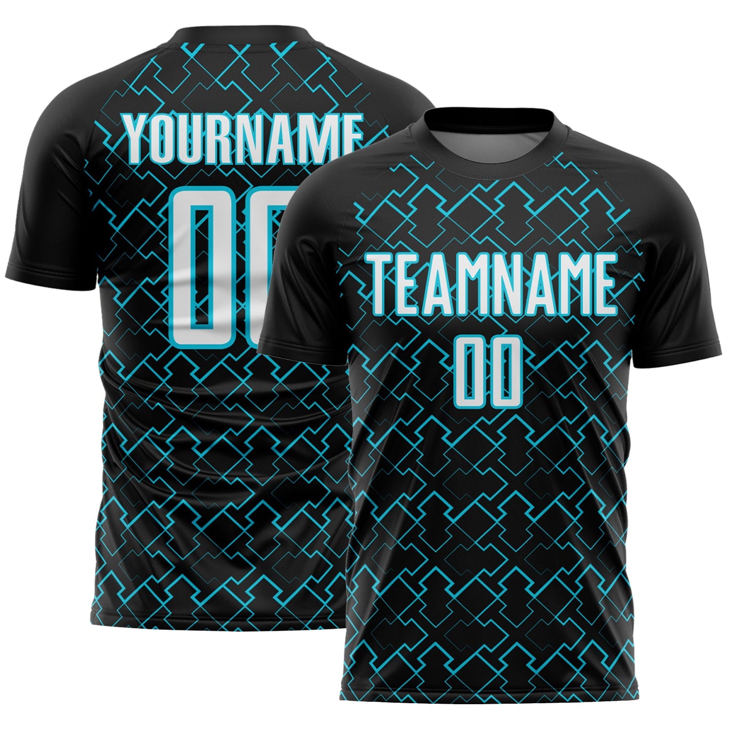 Custom Black White-Lakes Blue Geometric Shape Sublimation Soccer Uniform Jersey - Main View