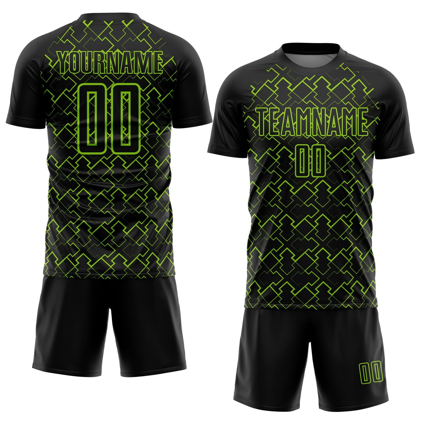 Custom Black Neon Green Geometric Shape Sublimation Soccer Uniform Jersey view 2