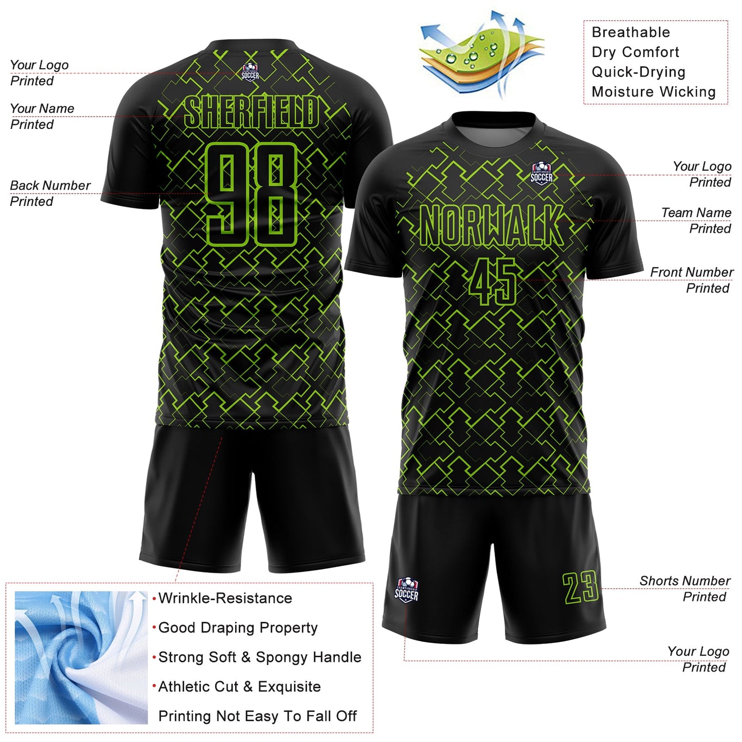 Custom Black Neon Green Geometric Shape Sublimation Soccer Uniform Jersey view 4