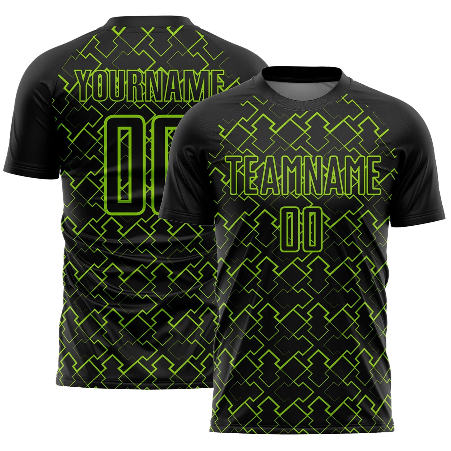 Custom Black Neon Green Geometric Shape Sublimation Soccer Uniform Jersey - Main View